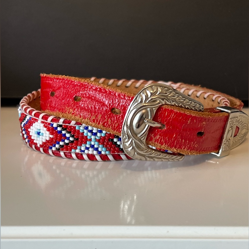 Vintage Red Genuine Leather Beaded Western Belt with White Stitching Size Small